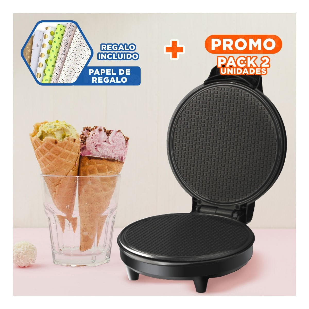 PACK2 PREPARADOR MULTIFUNCIONAL PARA HELADOS, CONOS Y GOFRES COLOR NEGRO EN CASA Y+PAPEL REGALO - 1