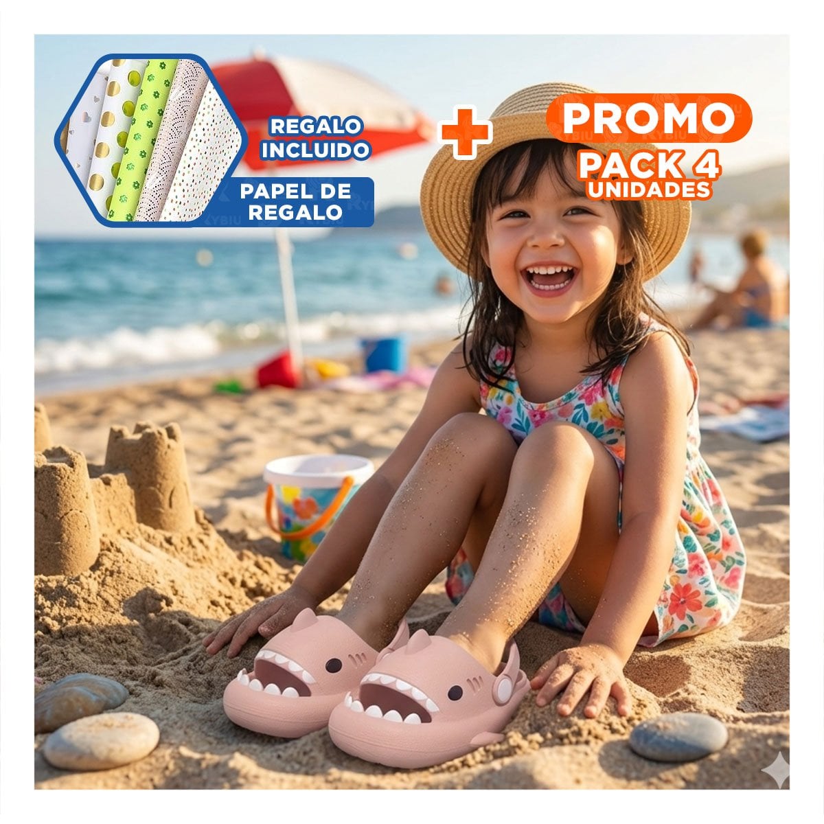 PACK4 HUARACHE TALLA 21 22 DE TIBURON ROSA CON CORREA PARA NIÑA DE LINDO DISENO Y+PAPEL REGALO - 1