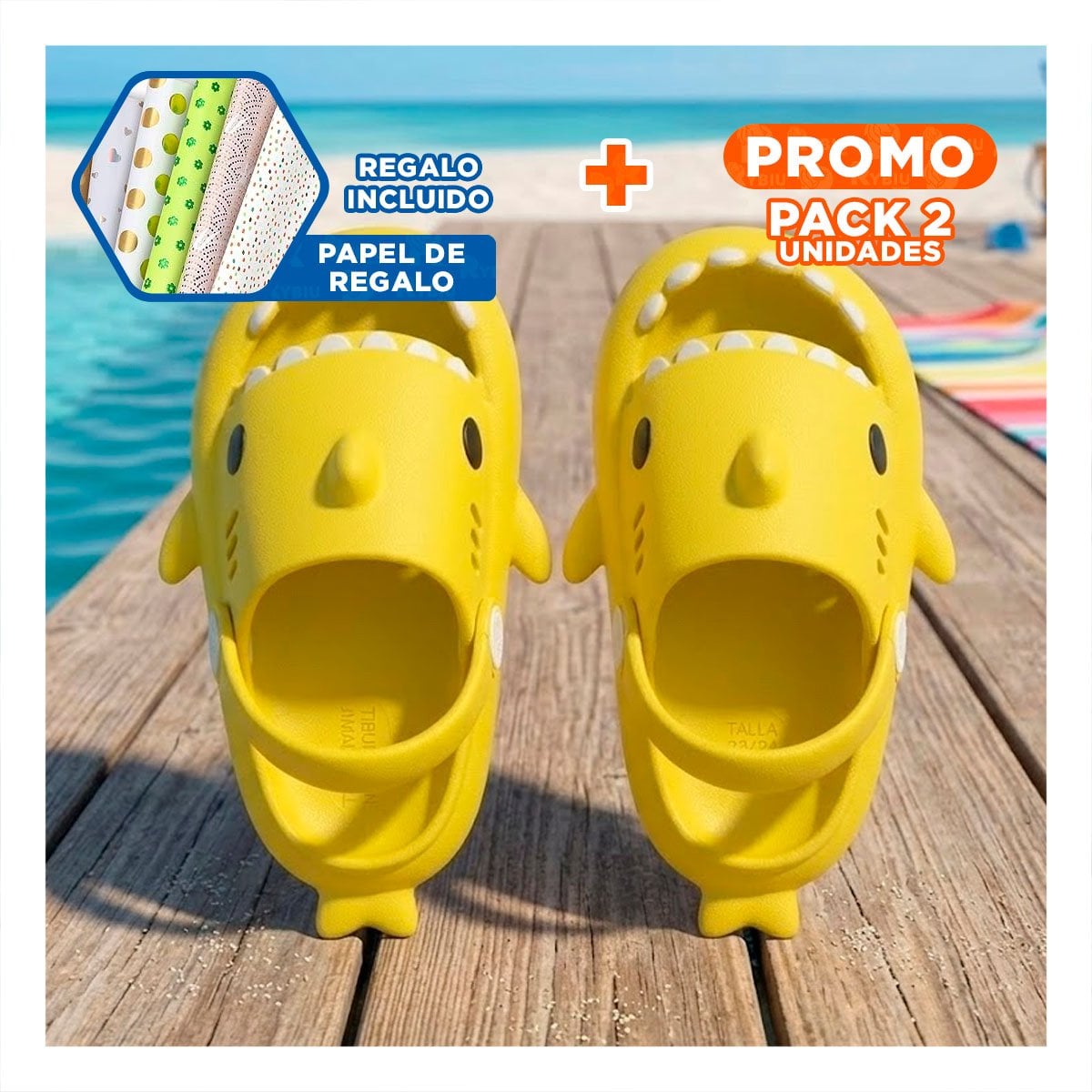 PACK2 CALZADO DE GOMA TIBURON AMARILLO EN TALLA 23 Y 24 CON CORREA PARA NIÑOS Y+PAPEL REGALO - 1