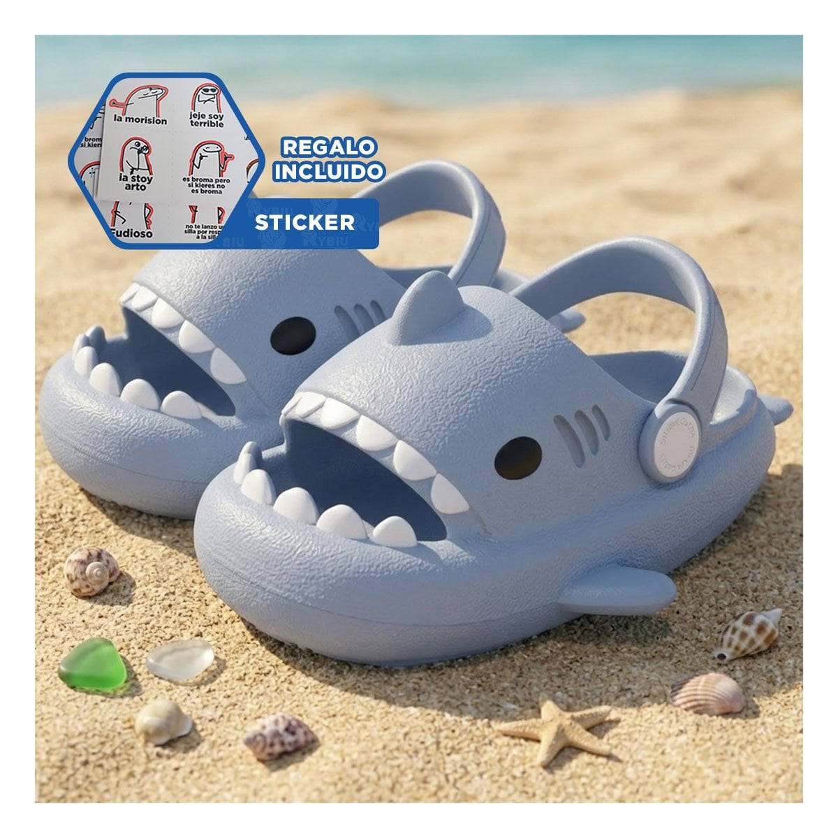 OJOTA PARA NIÑOS DE TIBURON CON CORREA TALLA 31 O 32 EN COLOR CELESTE Y+REGALO STICKER - 1