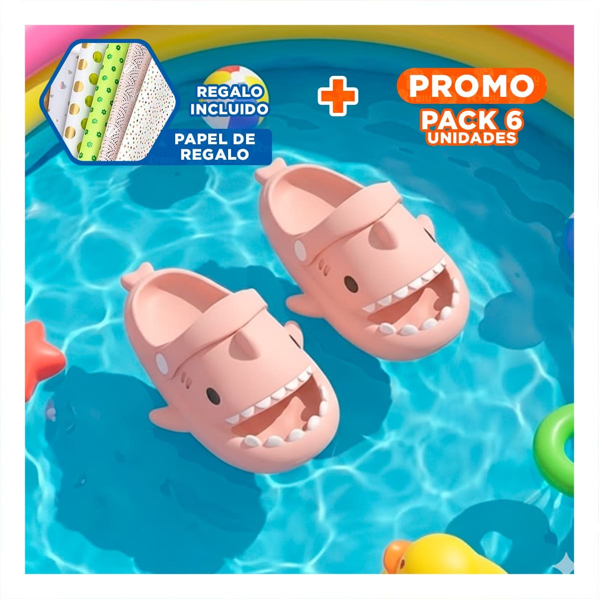 PACK6 OJOTA DE TIBURON PARA NIÑAS COLOR ROSADO CON CORREA PARA PLAYA TALLA 29 30 Y+PAPEL REGALO - 1