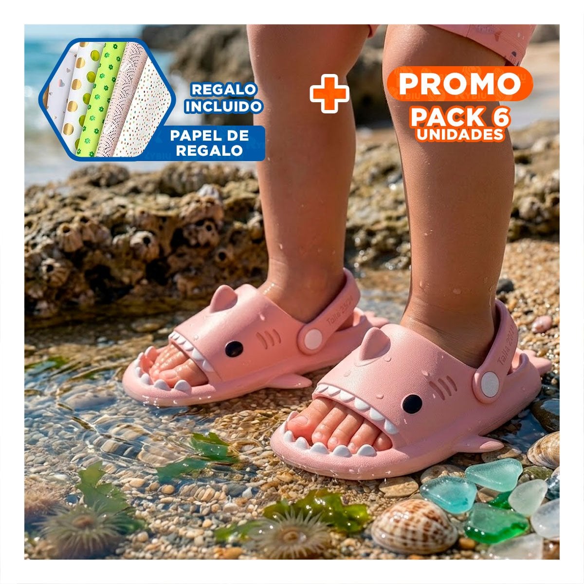 PACK6 HUARACHE CON CORREA DE TIBURON ROSADO PARA NIÑA EN LA TALLA 23 24 Y+PAPEL REGALO - 1