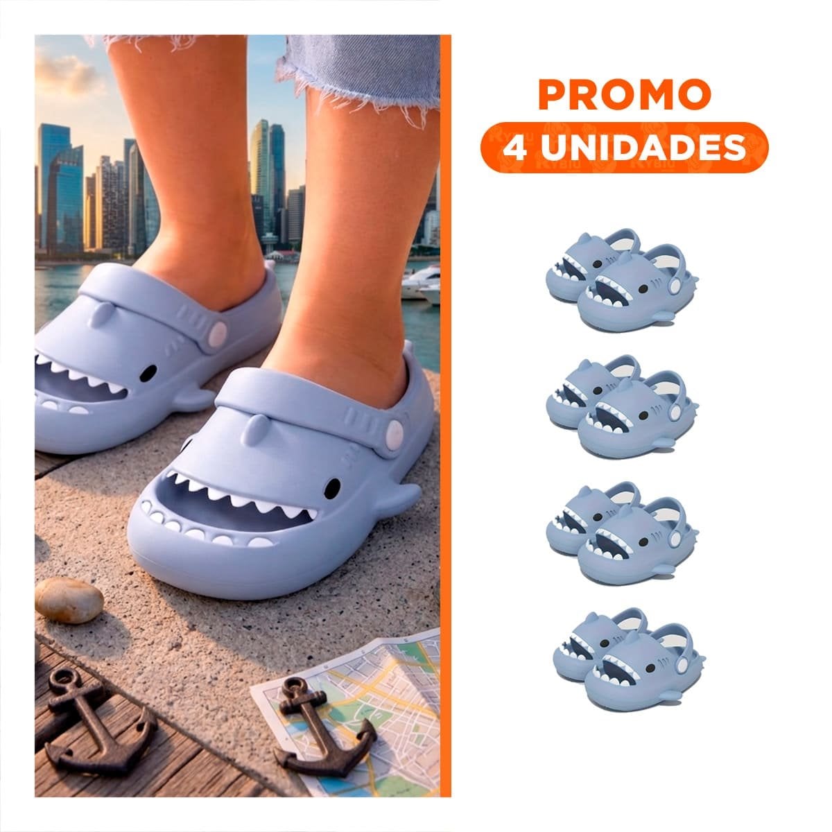 PACK4 ZAPATILLA ABIERTA INFANTIL DE TIBURON EN CELESTE TALLA 29 HASTA EL 30 Y+REGALO STICKER - 1