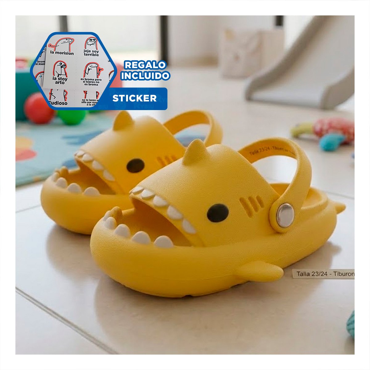 OJOTA CON CORREA EN TALLA 23 Y 24 TIBURON COLOR AMARILLO PARA NIÑOS Y+REGALO STICKER - 1