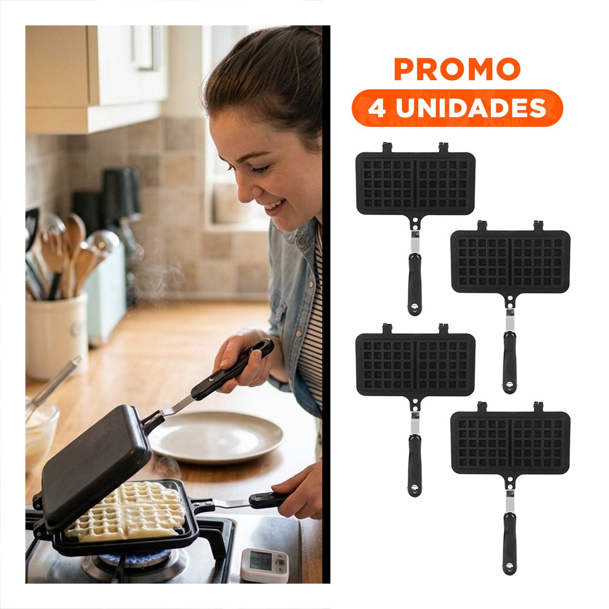 PACK4 MAQUINA PROFESIONAL WAFLERA DOBLE CON MANGO LARGO COLOR NEGRO Y+REGALO STICKER - 1