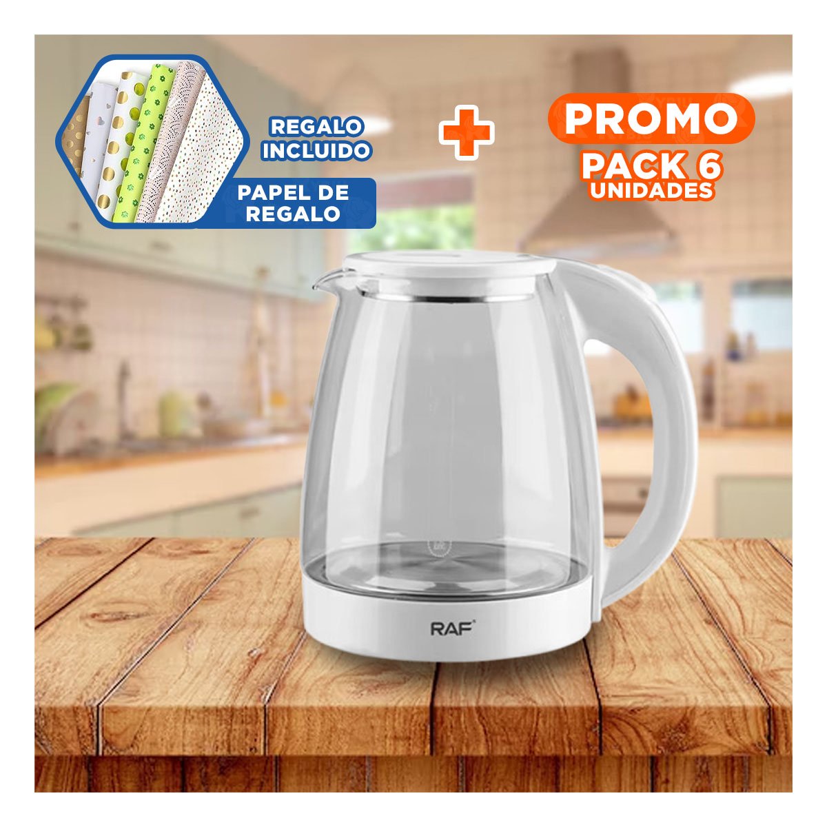 PACK6 JARRA ELÉCTRICA BLANCO CON BASE ANTIDESLIZANTE 2L Y APAGADO AUTOMÁTICO Y+PAPEL REGALO - 1