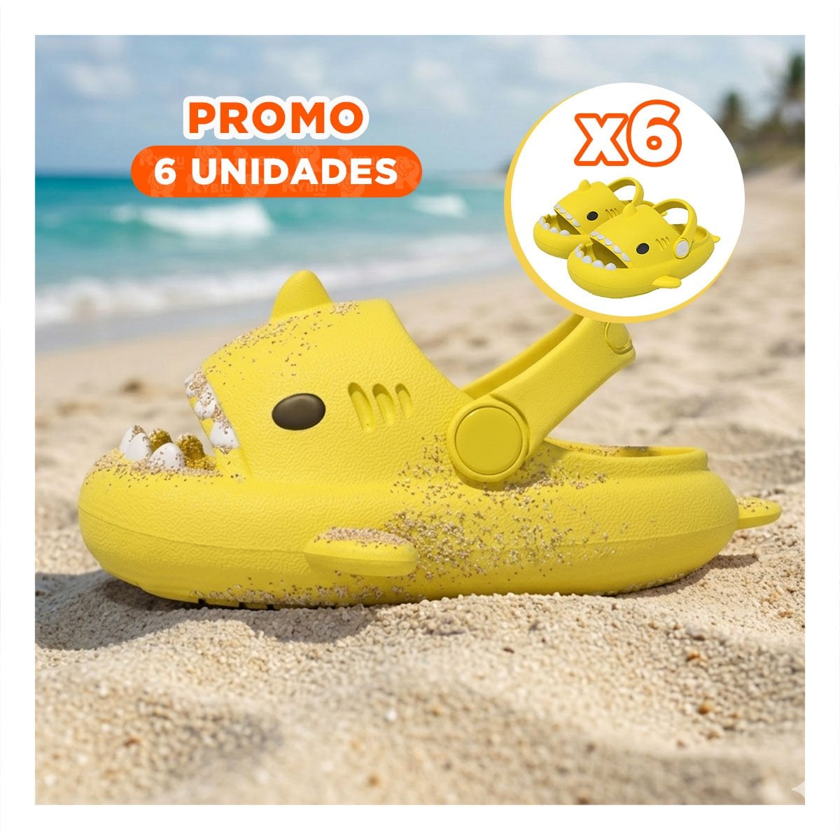 PACK6 CHANCLAS AMARILLAS DE TIBURON CON CORREA PARA NIÑOS TALLA 21 DE VIAJE Y+REGALO STICKER - 1