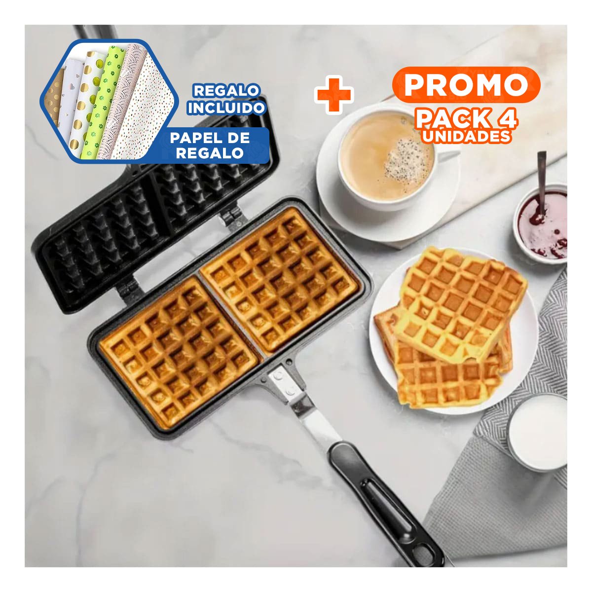 PACK4 WAFLERA ELEGANTE DOBLE CON MANGO LARGO CLASICO NEGRO PARA PREPARAR WAFFLES Y+PAPEL REGALO - 1
