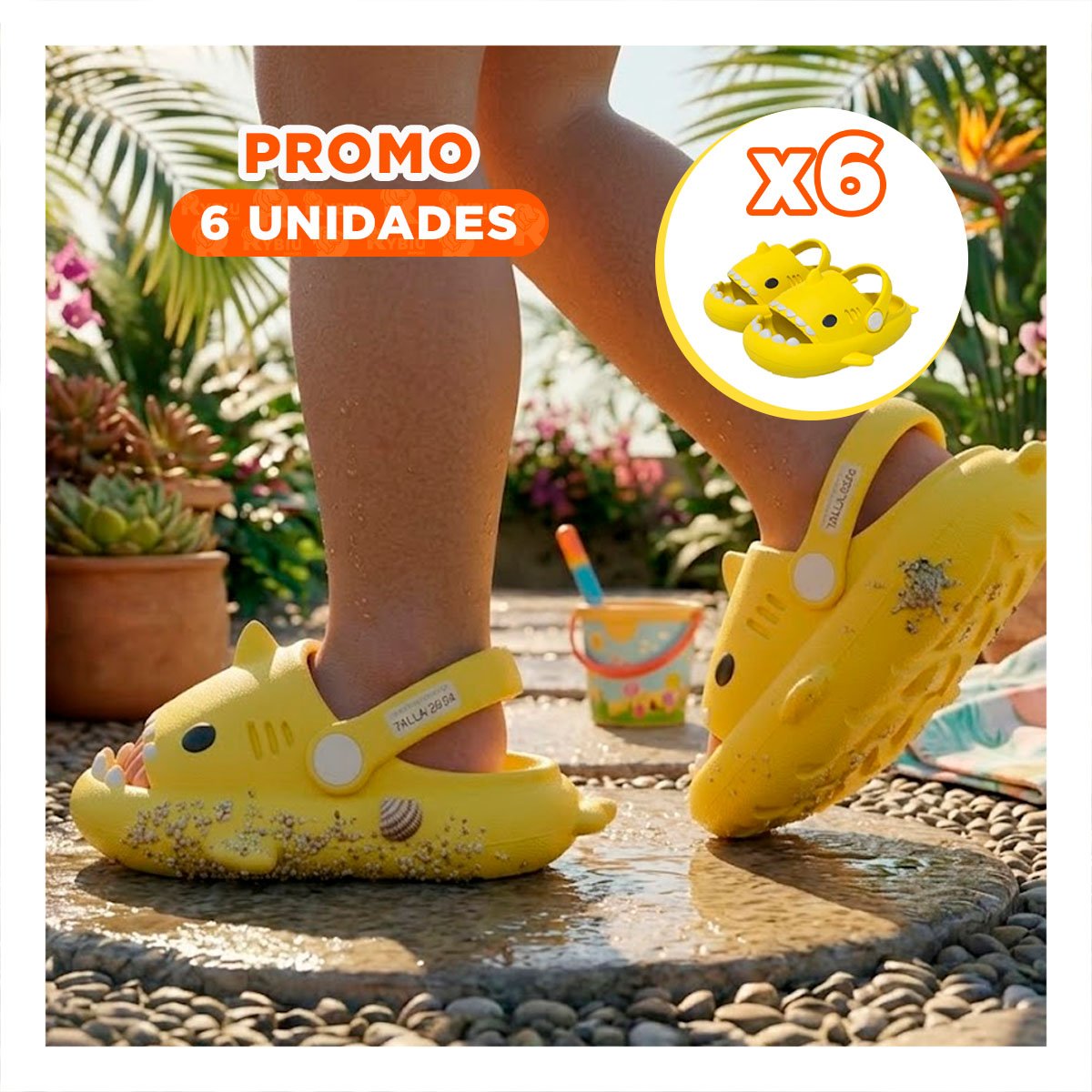 PACK6 CHANCLA EN TALLA 23 Y 24 CON CORREA DE TIBURON AMARILLO PARA NIÑOS Y+REGALO STICKER - 1