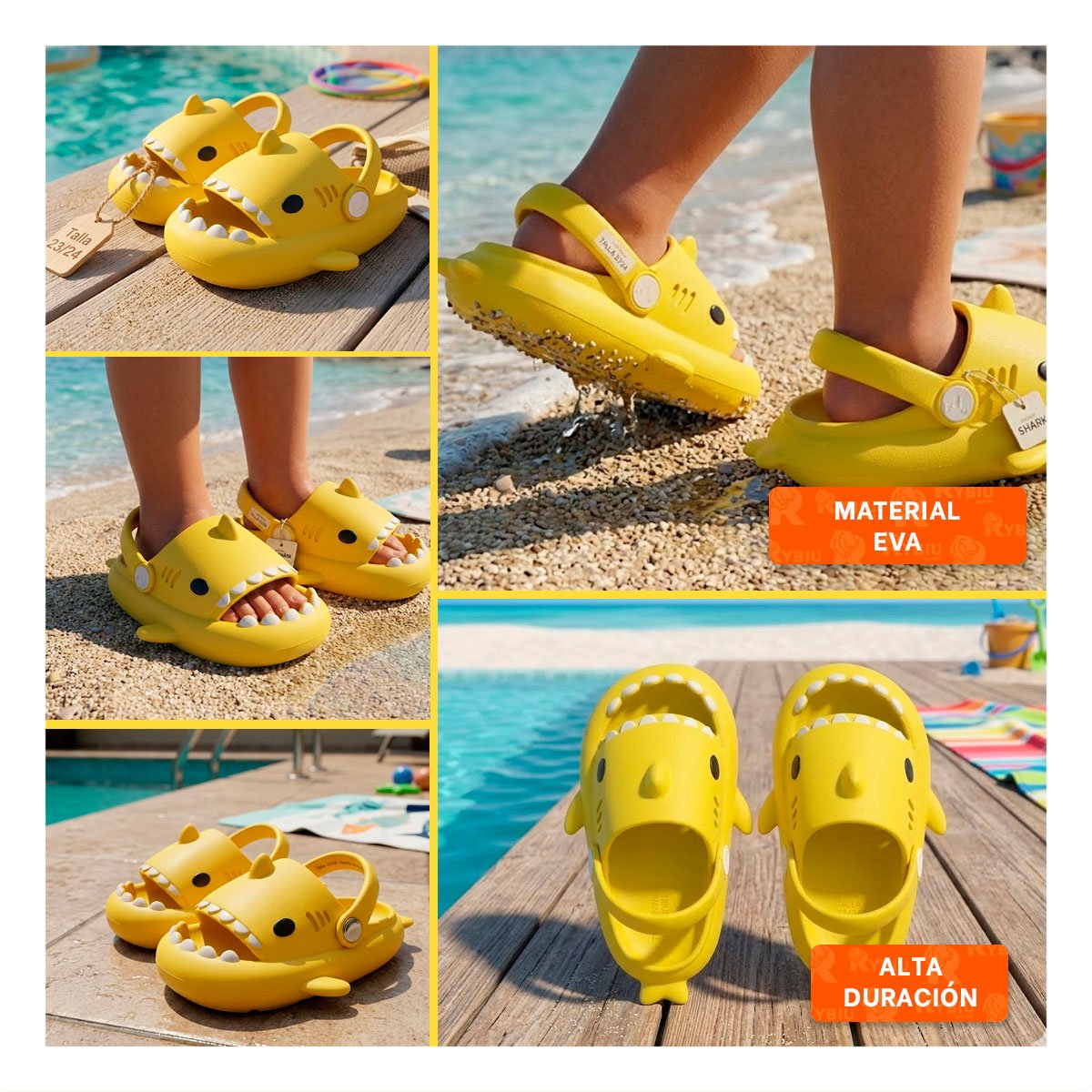 CHANCLA TIBURON DE NIÑOS CON CORREA AMARILLA TALLA 23 Y 24 PARA VERANO Y+LIGAS REGALO - 5