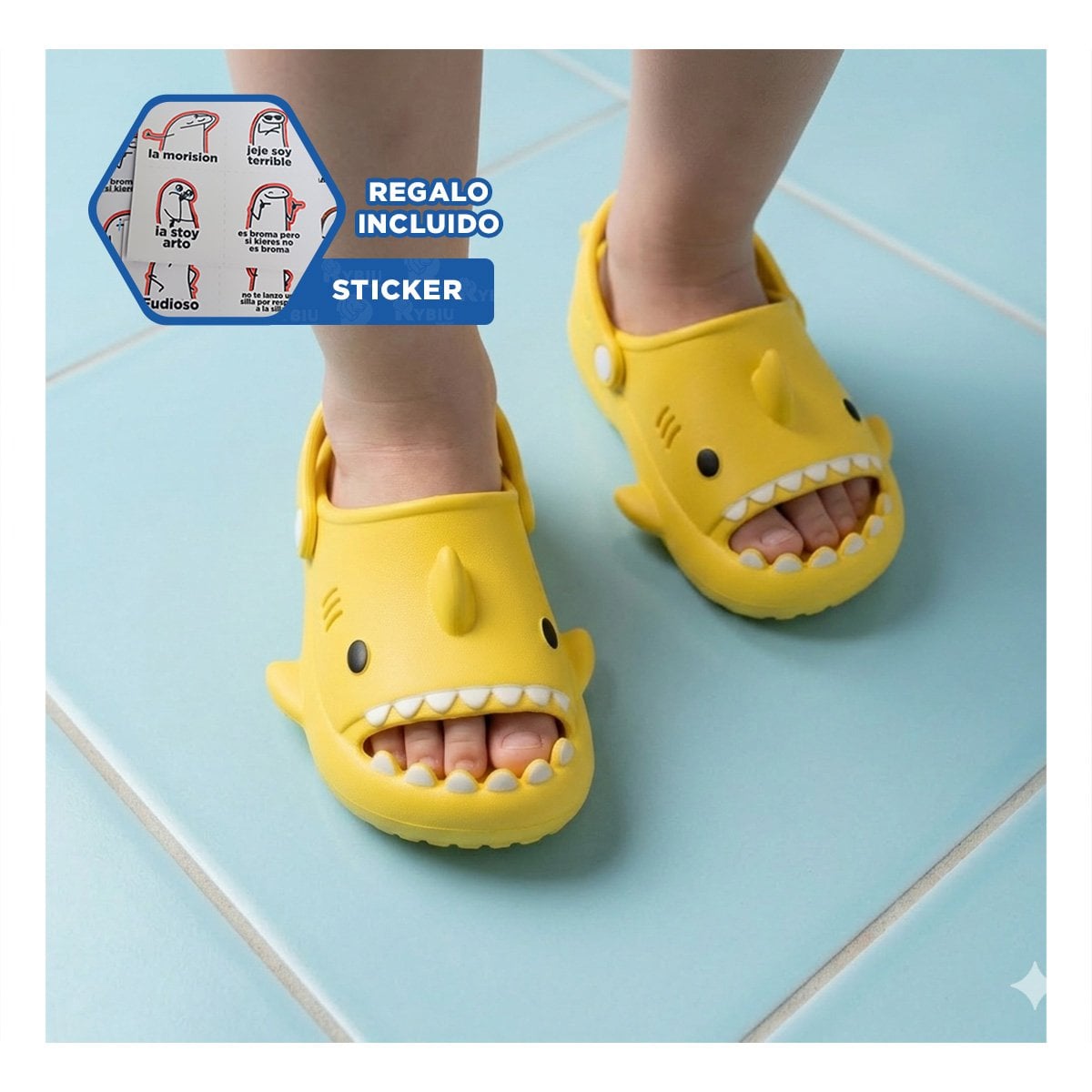 SANDALIAS AMARILLAS DE TIBURON PARA NIÑOS CON CORREA TALLA 21 Y 22 DE MODA Y+REGALO STICKER - 1