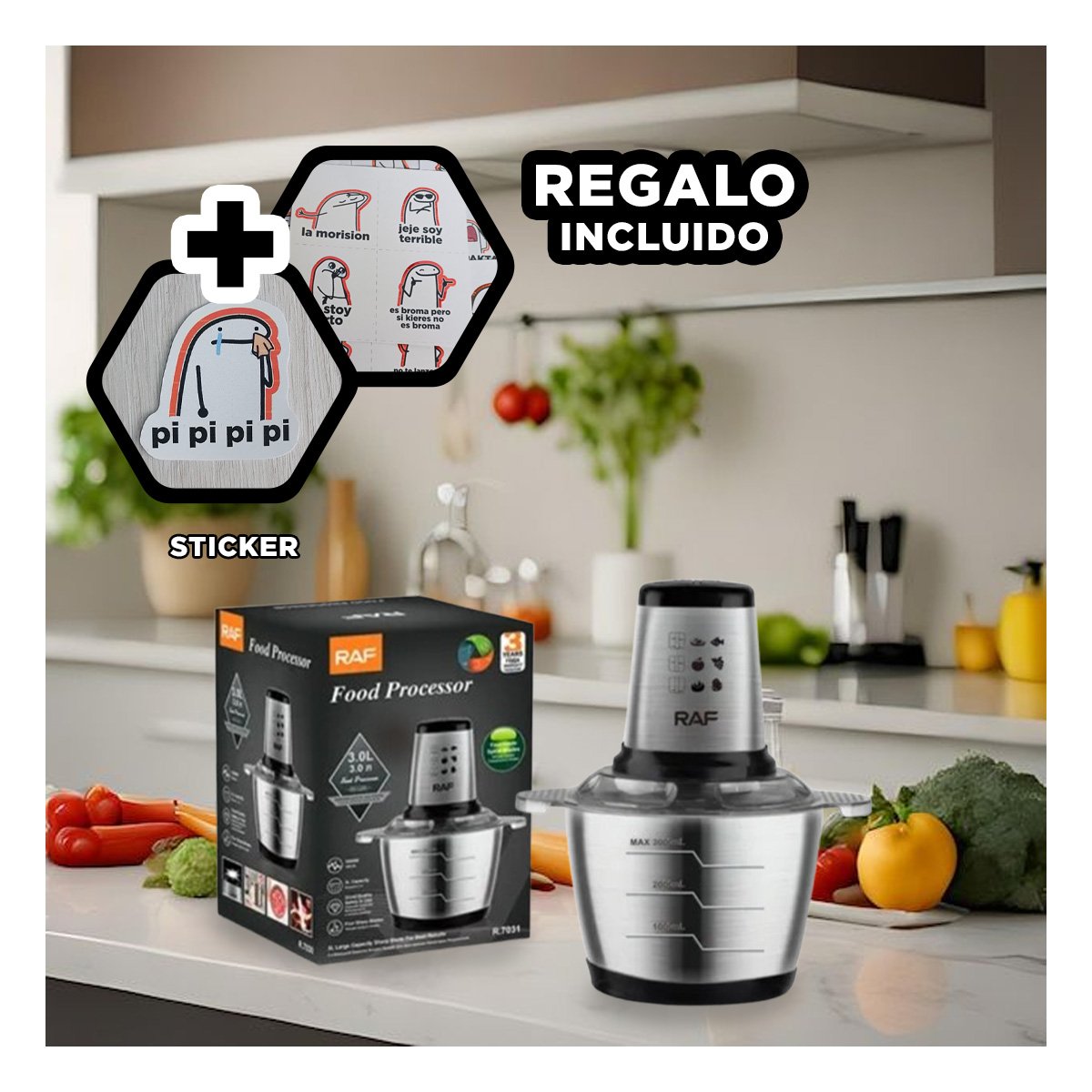 TRITURADOR 3L DE ALIMENTOS CON MOTOR POTENTE COLOR GRIS Y+REGALO STICKER - 1