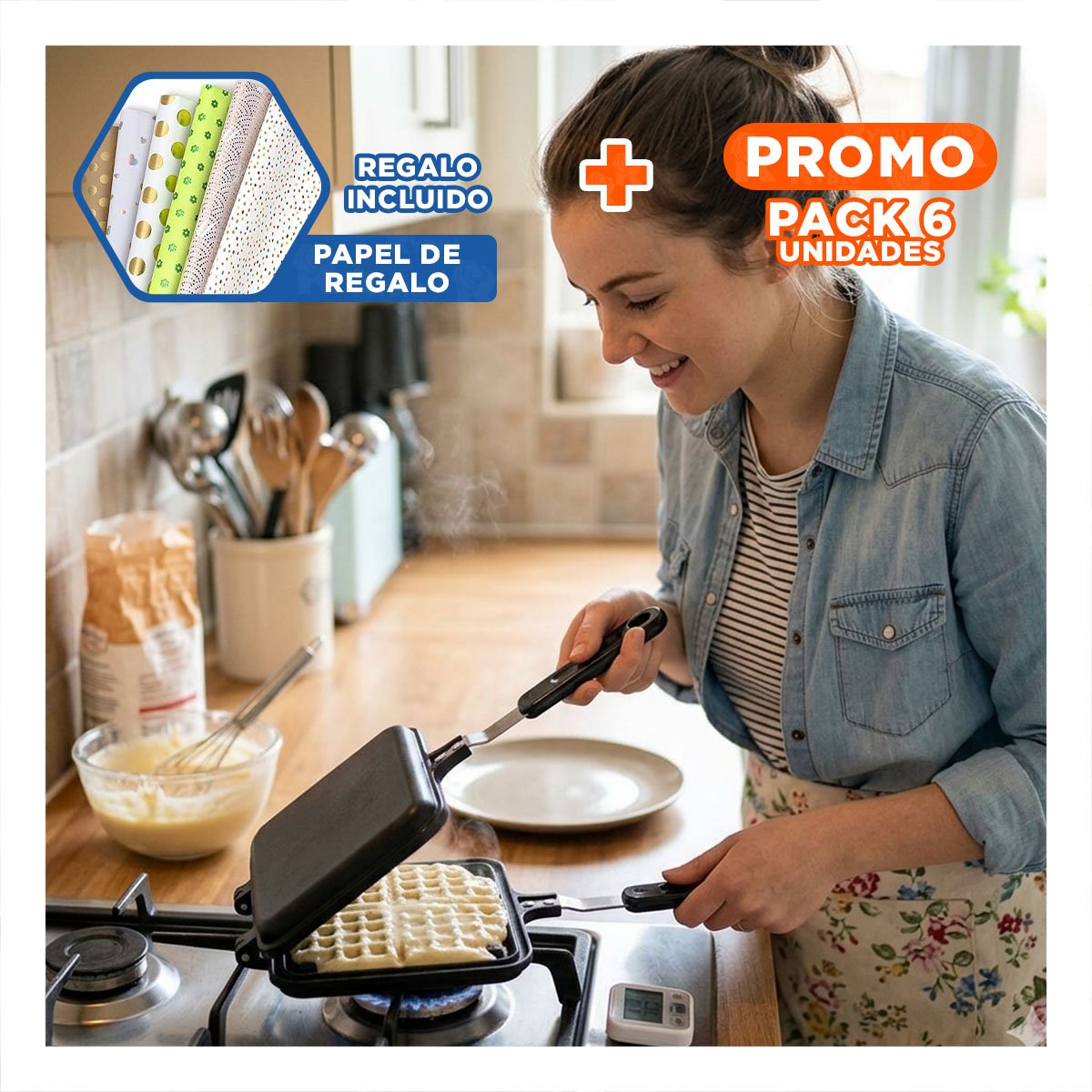 PACK6 WAFLERA COMPACTA DOBLE CON MANGO LARGO COLOR NEGRO PARA COCINA DIARIA Y+PAPEL REGALO - 1