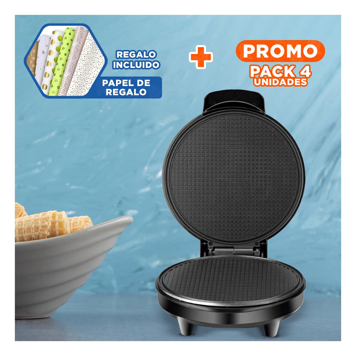 PACK4 HELADERA CASERA PARA CONOS, GOFRES Y CREPES COLOR NEGRO EN COCINA FAMILIAR Y+PAPEL REGALO - 1