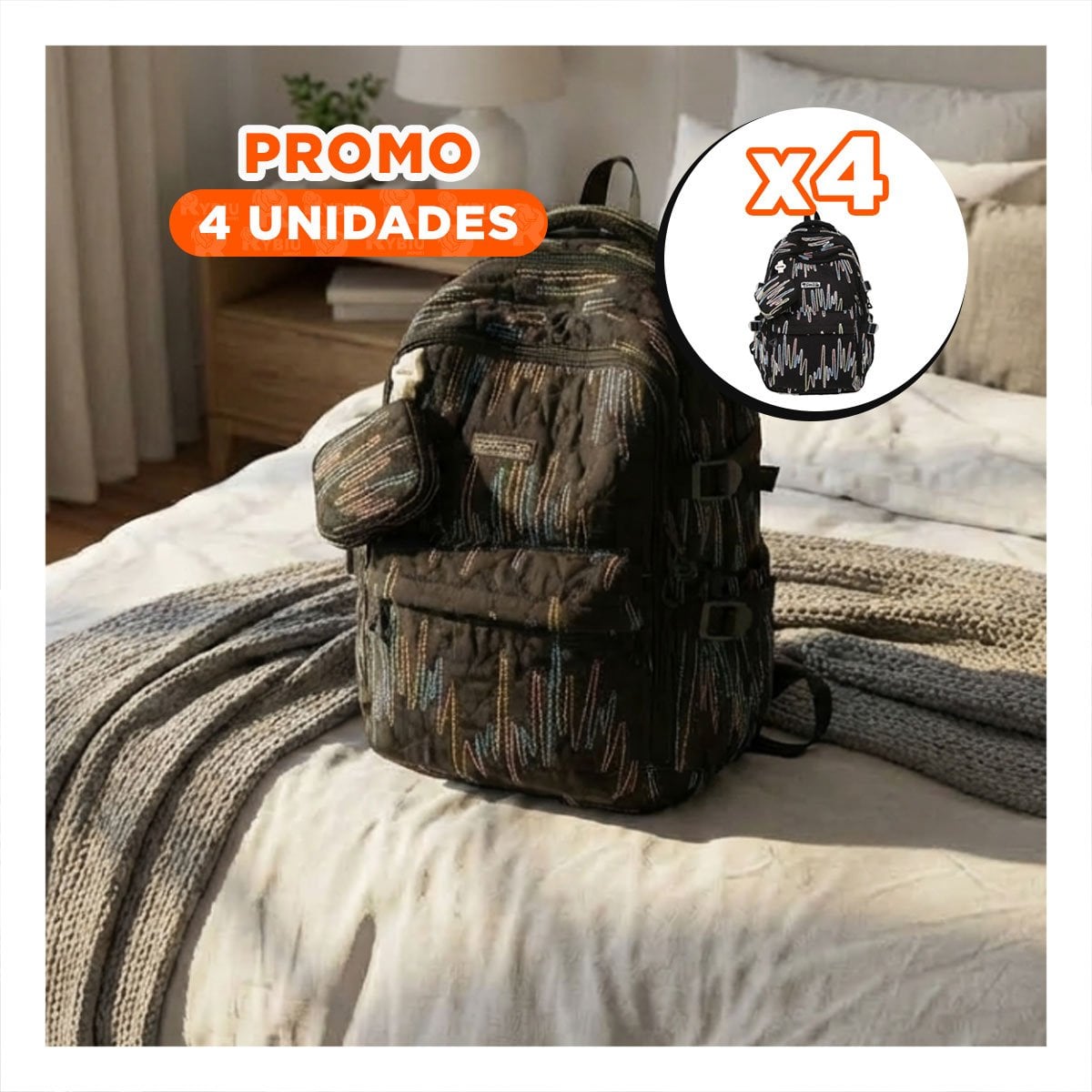 PACK4 BOLSO ESCOLAR DE RAYAS COLORIDAS EN NEGRO CON ESTILO JUVENIL - 1
