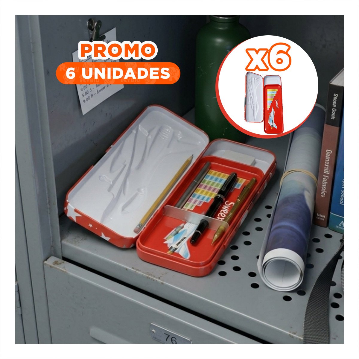 PACK6 CARTUCHERA RIGIDA ROJA PARA COLEGIO CON SEPARADOR Y ESTILO MODERNO Y+REGALO STICKER - 1