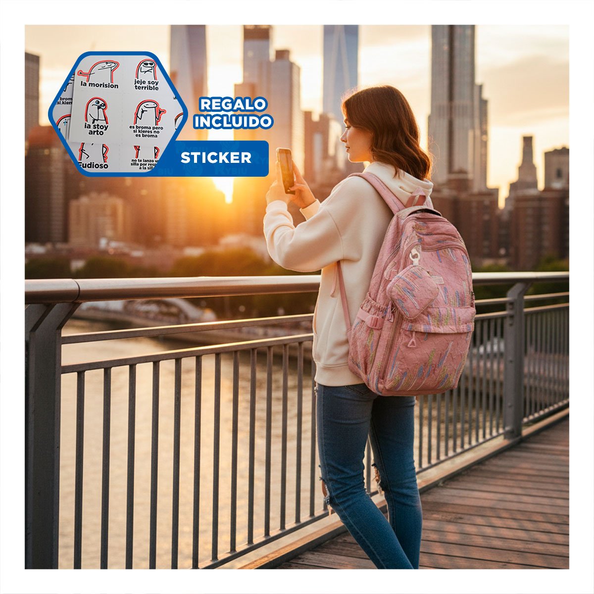 BOLSO UNIVERSITARIO RAYAS COLORIDAS ROSADO PARA CLASES DIARIAS Y+REGALO STICKER - 1