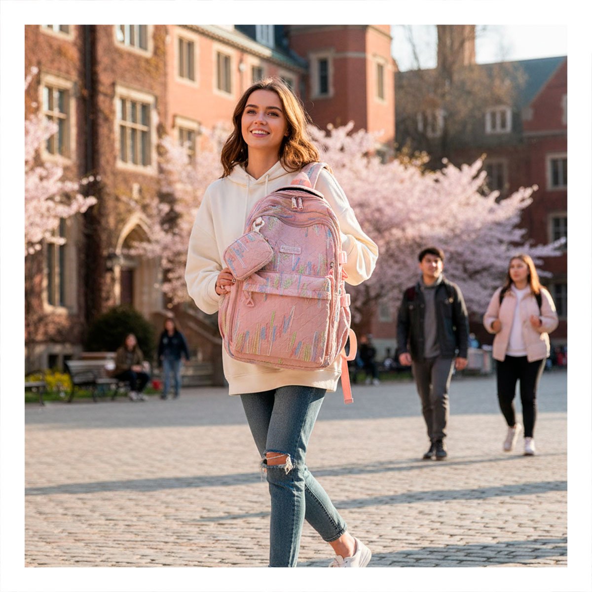 BOLSO UNIVERSITARIO RAYAS COLORIDAS ROSADO PARA CLASES DIARIAS Y+REGALO STICKER - 2