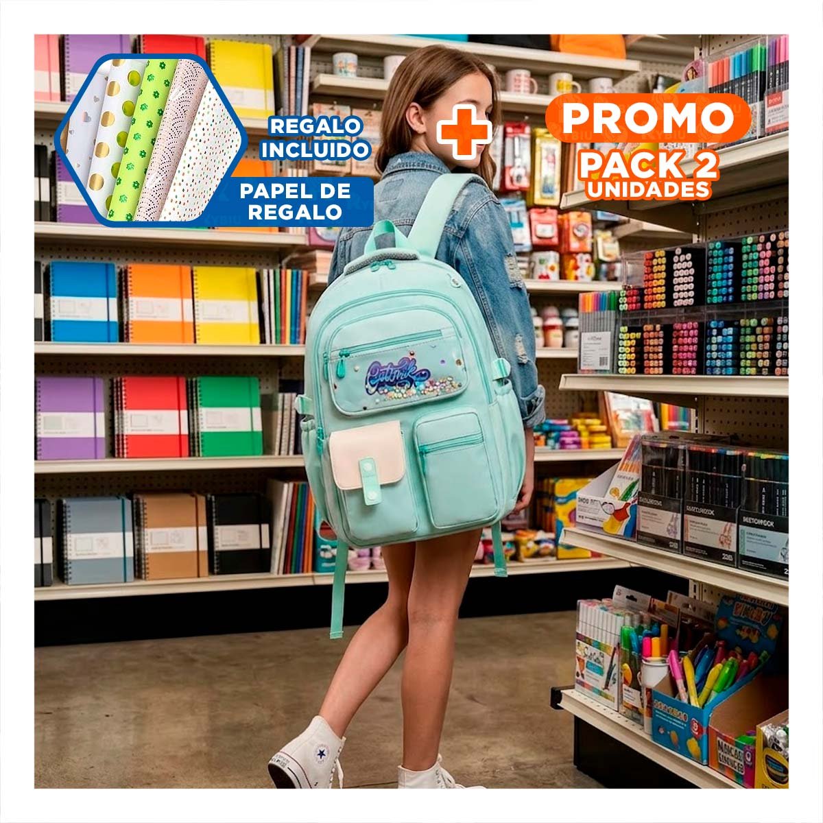 PACK2 MOCHILA CASUAL COTTMIR VERDE AGUA CON 3 BOLSILLOS AMPLIOS PARA UNIVERSIDAD Y+PAPEL REGALO - 1
