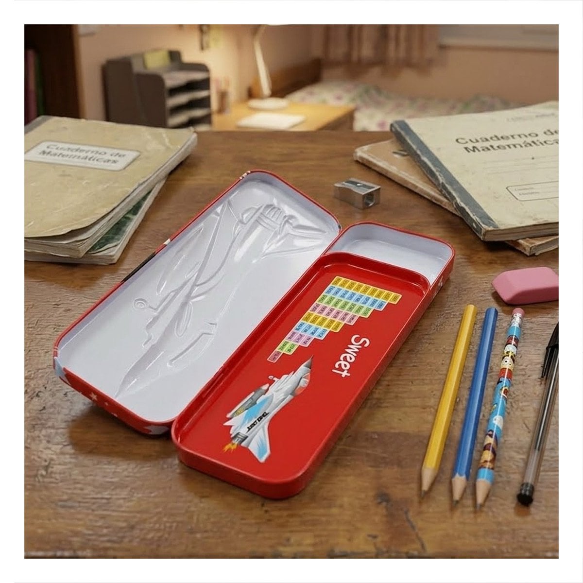PACK12 ESTUCHE METALICO ROJO PARA UTILES CON DIVISION INTERNA Y DISEÑO ESCOLAR - 2