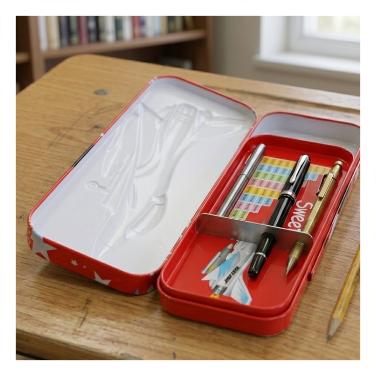 PACK12 ESTUCHE METALICO ROJO PARA UTILES CON DIVISION INTERNA Y DISEÑO ESCOLAR - 3