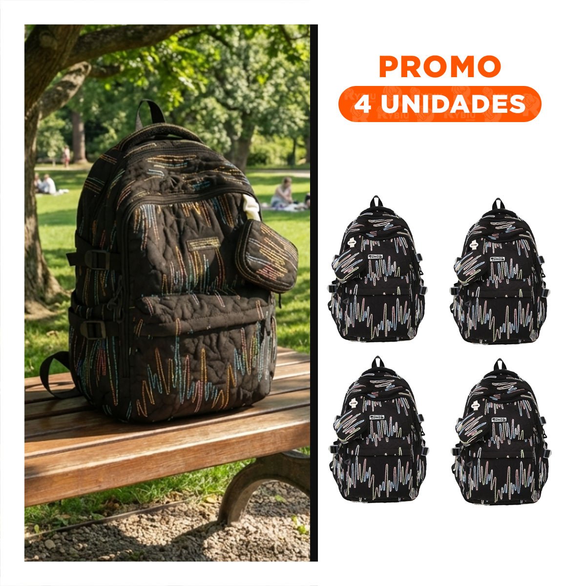 PACK4 CARTERA ESCOLAR DE RAYAS COLORIDAS EN NEGRO PARA USO ESCOLAR Y+REGALO STICKER - 1