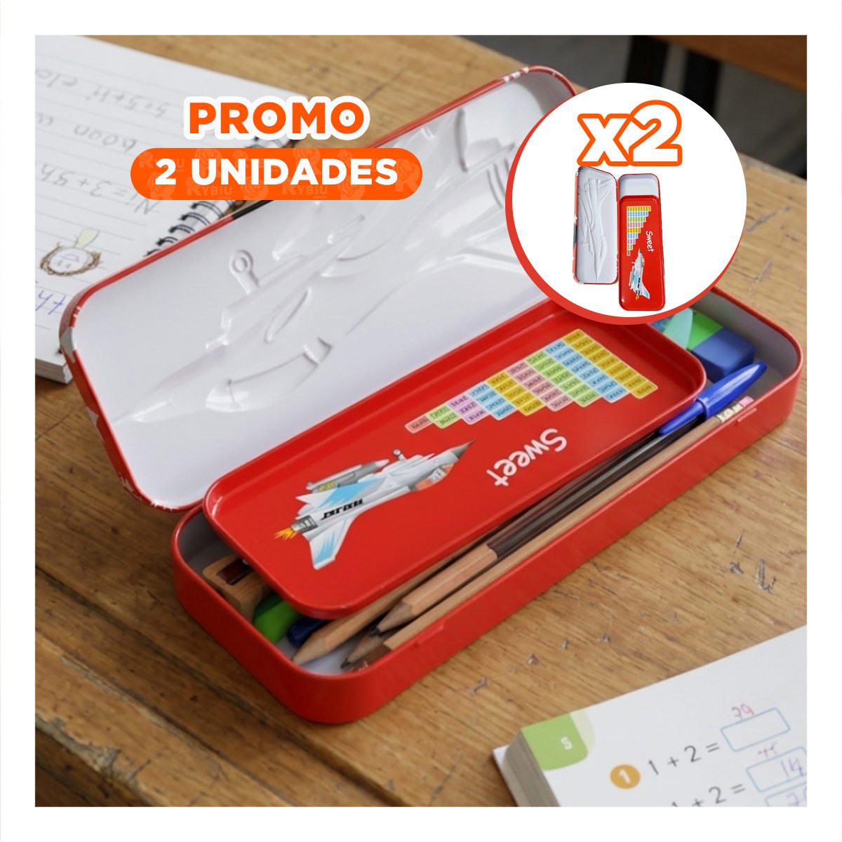 PACK2 ORGANIZADOR METALICO ESCOLAR ROJO CON COMPARTIMENTO INTERNO PRACTICO Y+REGALO STICKER - 1