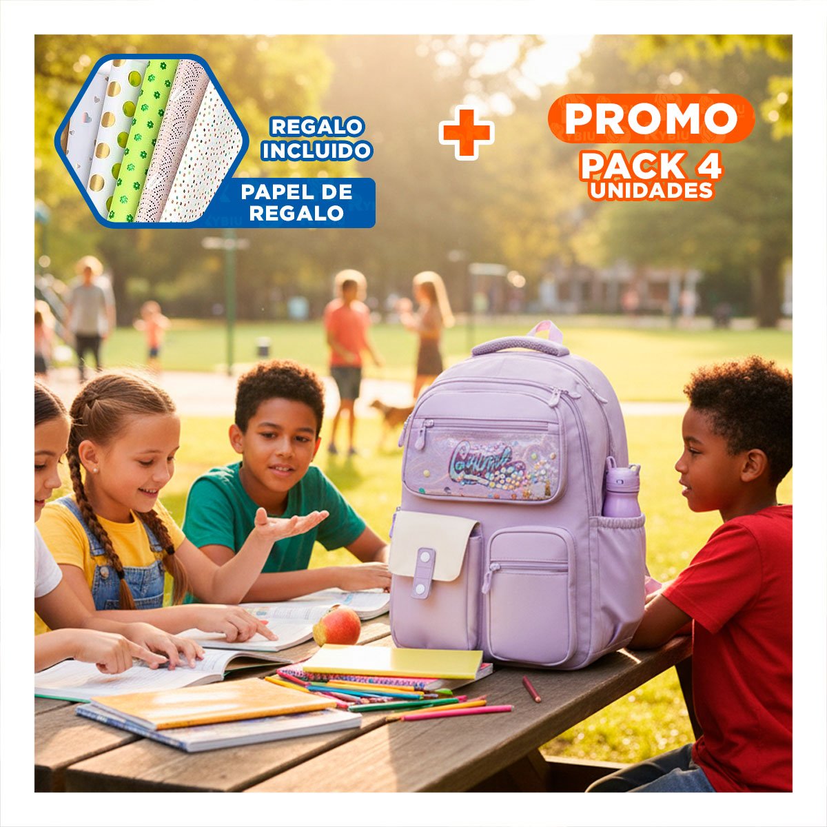 PACK4 LINEA COTTMIR 3 BOLSILLOS LILA MOCHILA MUJER Y+PAPEL REGALO - 1