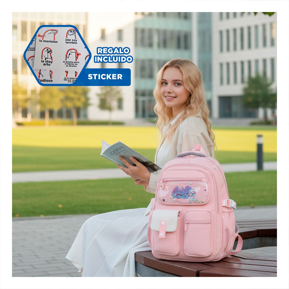 BOLSO UNIVERSITARIO COTTMIR ROSADO CON 3 BOLSILLOS RESISTENTES PARA CLASES Y+REGALO STICKER - 1