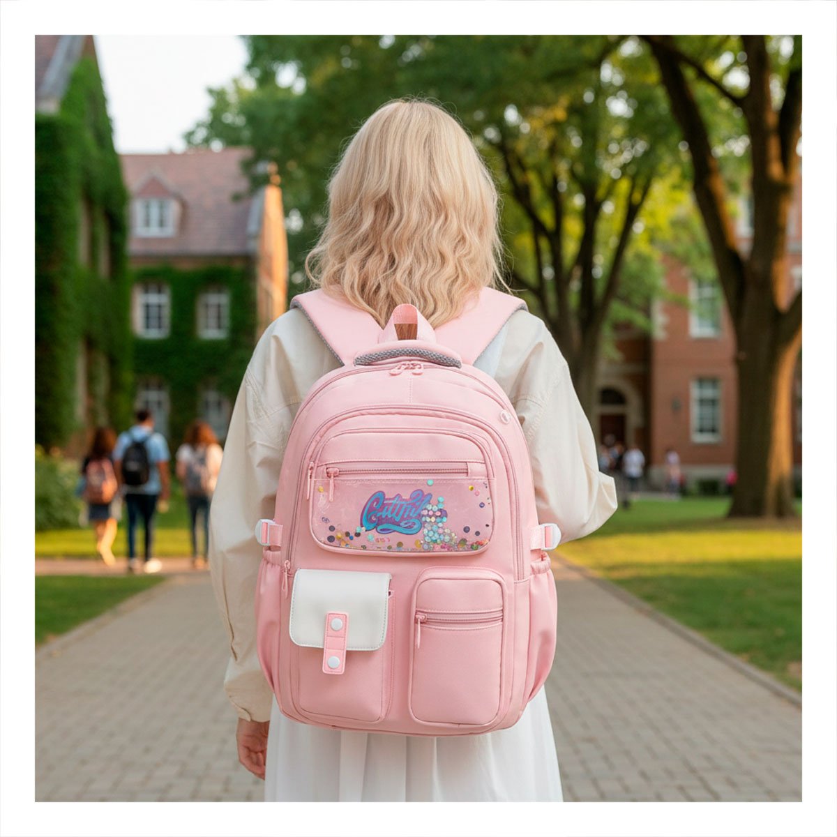 BOLSO UNIVERSITARIO COTTMIR ROSADO CON 3 BOLSILLOS RESISTENTES PARA CLASES Y+REGALO STICKER - 2