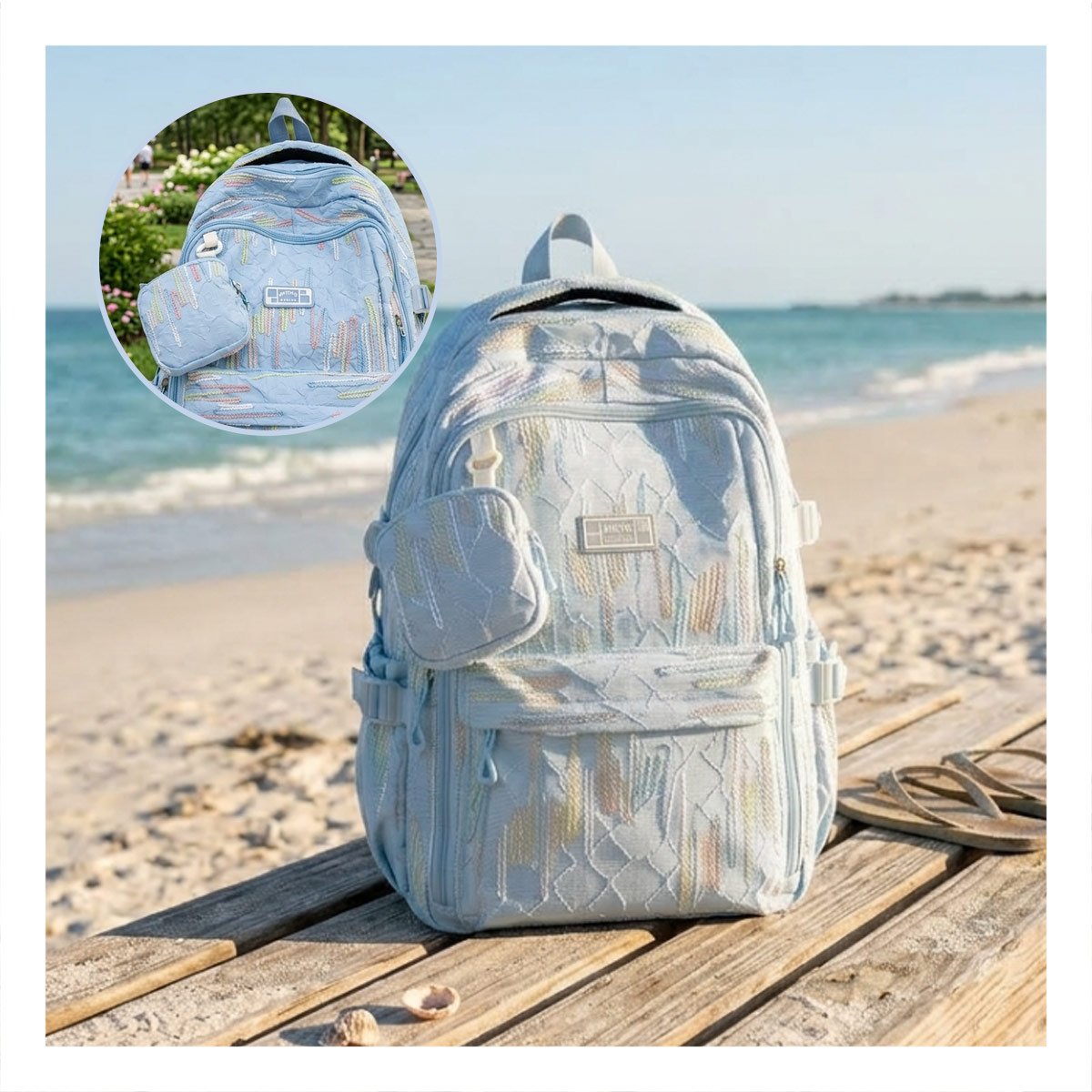 MOCHILA ESCOLAR DE RAYAS COLORIDAS EN CELESTE CON DISEÑO FUNCIONAL Y+POST IT - 2