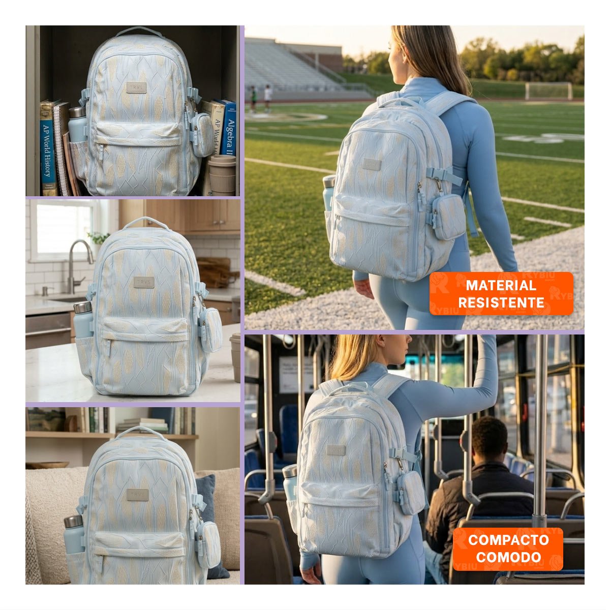 MOCHILA ESCOLAR DE RAYAS COLORIDAS EN CELESTE CON DISEÑO FUNCIONAL Y+POST IT - 5