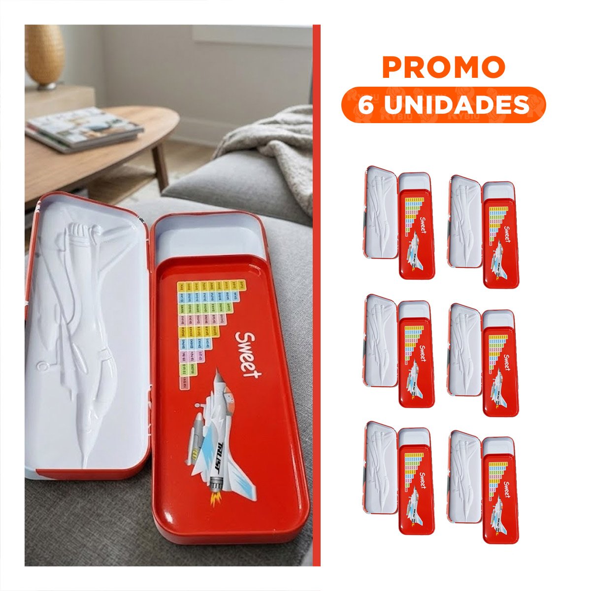 PACK6 PORTALAPICES ESCOLAR RIGIDO ROJO CON SEPARADOR INTERNO SEGURO - 1