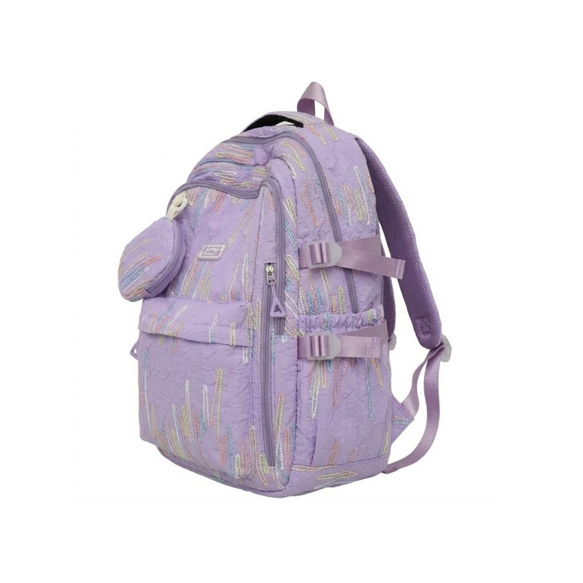 MOCHILA UNIVERSITARIA RAYAS COLORIDAS LILA PARA ESTILO CASUAL Y+PAPEL REGALO - 1