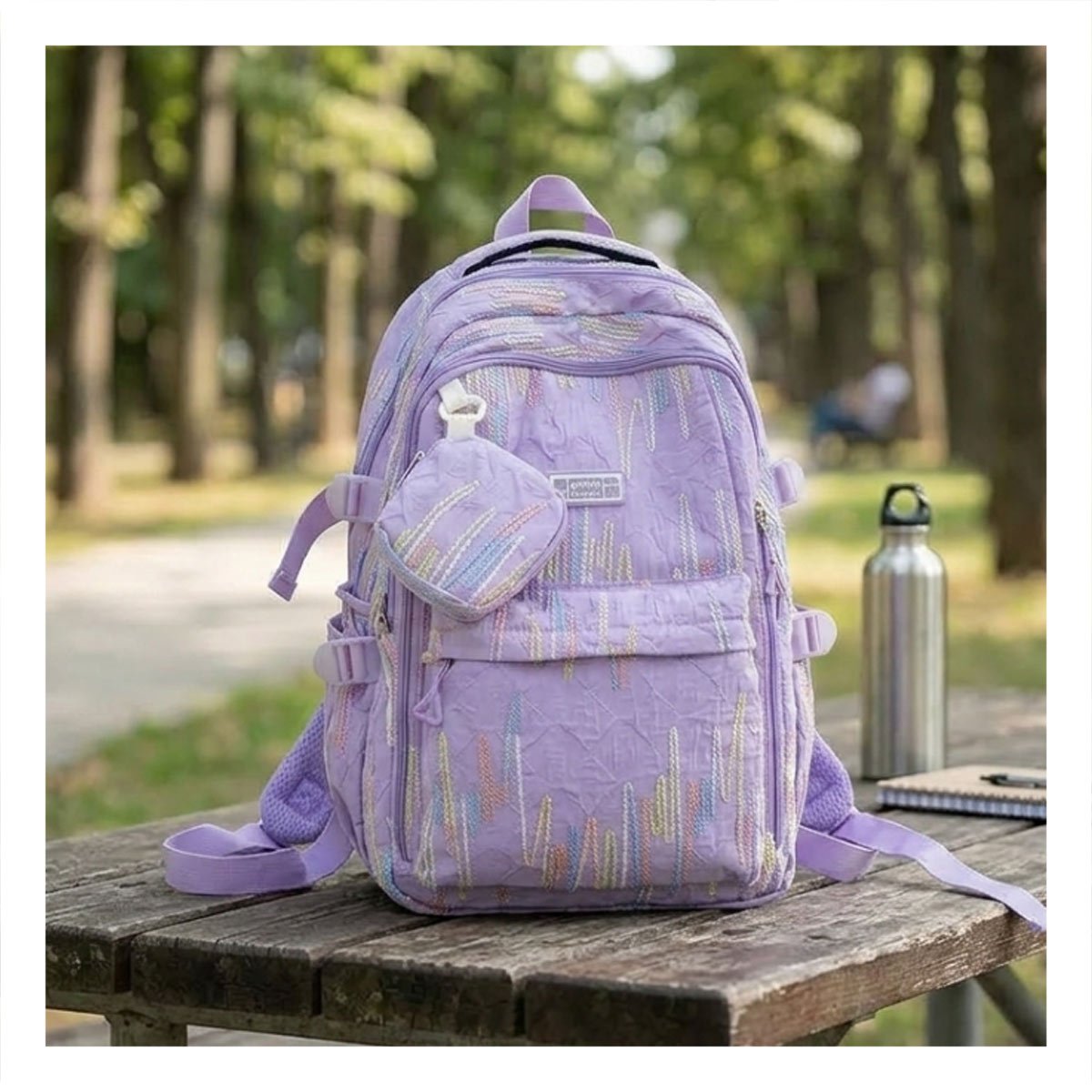 MOCHILA UNIVERSITARIA RAYAS COLORIDAS LILA PARA ESTILO CASUAL Y+PAPEL REGALO - 3