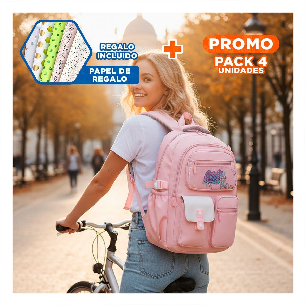 PACK4 CARTERA MODERNA COTTMIR ROSADO CON 3 BOLSILLOS PRACTICOS PARA UNIVERSIDAD Y+PAPEL REGALO - 1