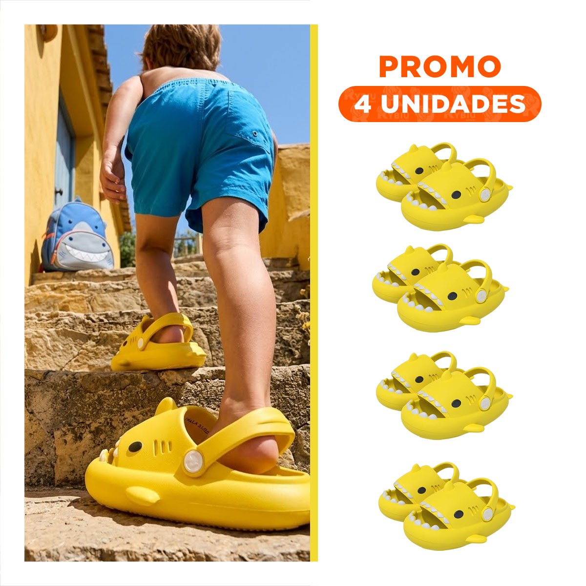 PACK4 PANTUFLA COMODA PARA NINOS CON CORREA DE TIBURON AMARILLO TALLA 31 Y 32 Y+REGALO STICKER - 1