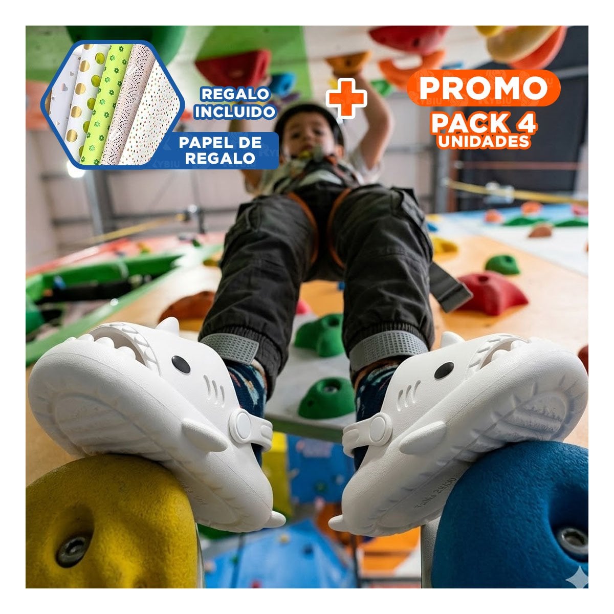 PACK4 CHANCLA DE VERANO PARA NIÑOS TIBURON CON CORREA EN BLANCO TALLA 29 30 Y+PAPEL REGALO - 1