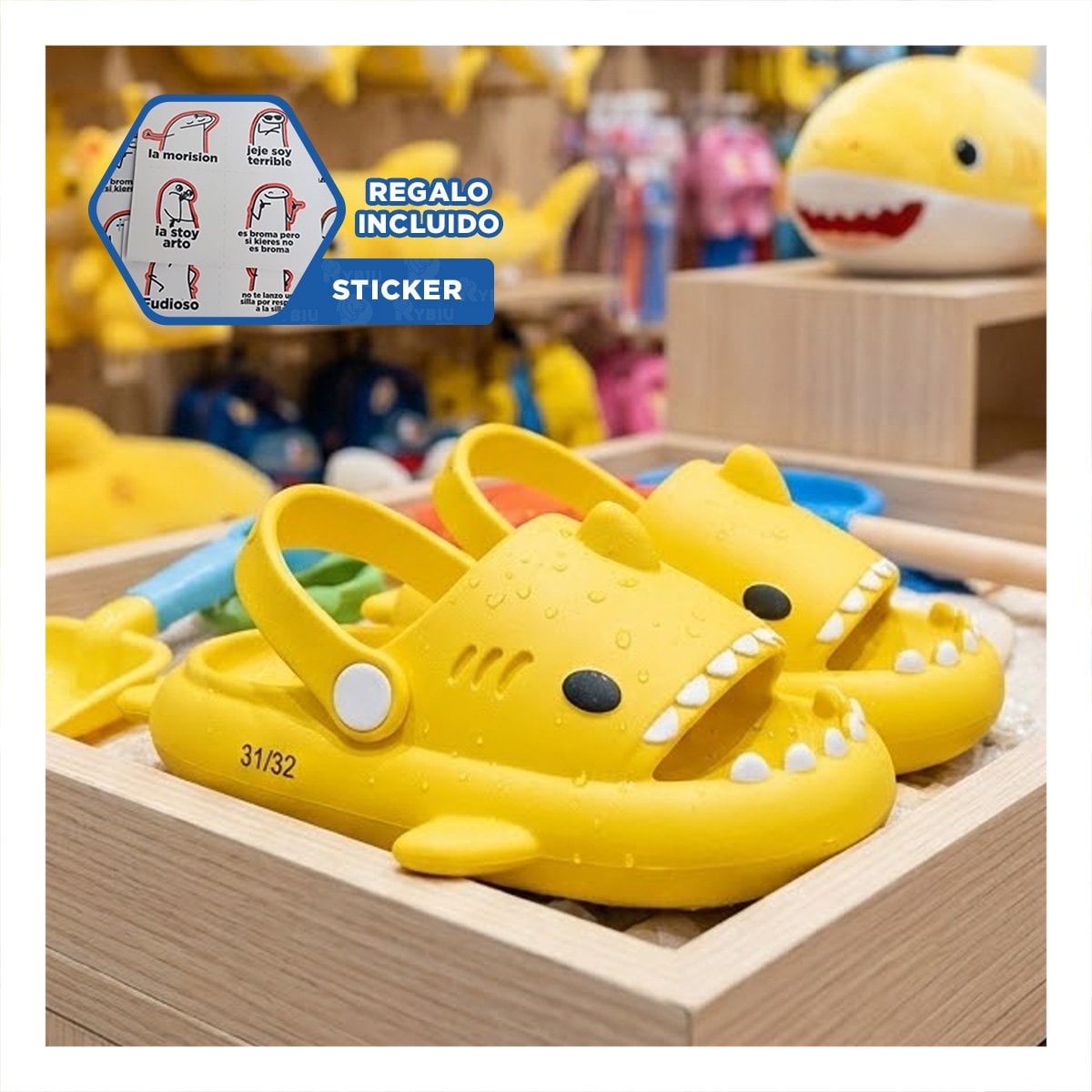 OJOTA DE NINOS CON CORREA AJUSTABLE DISENO TIBURON AMARILLO TALLA 31 Y 32 Y+REGALO STICKER - 1