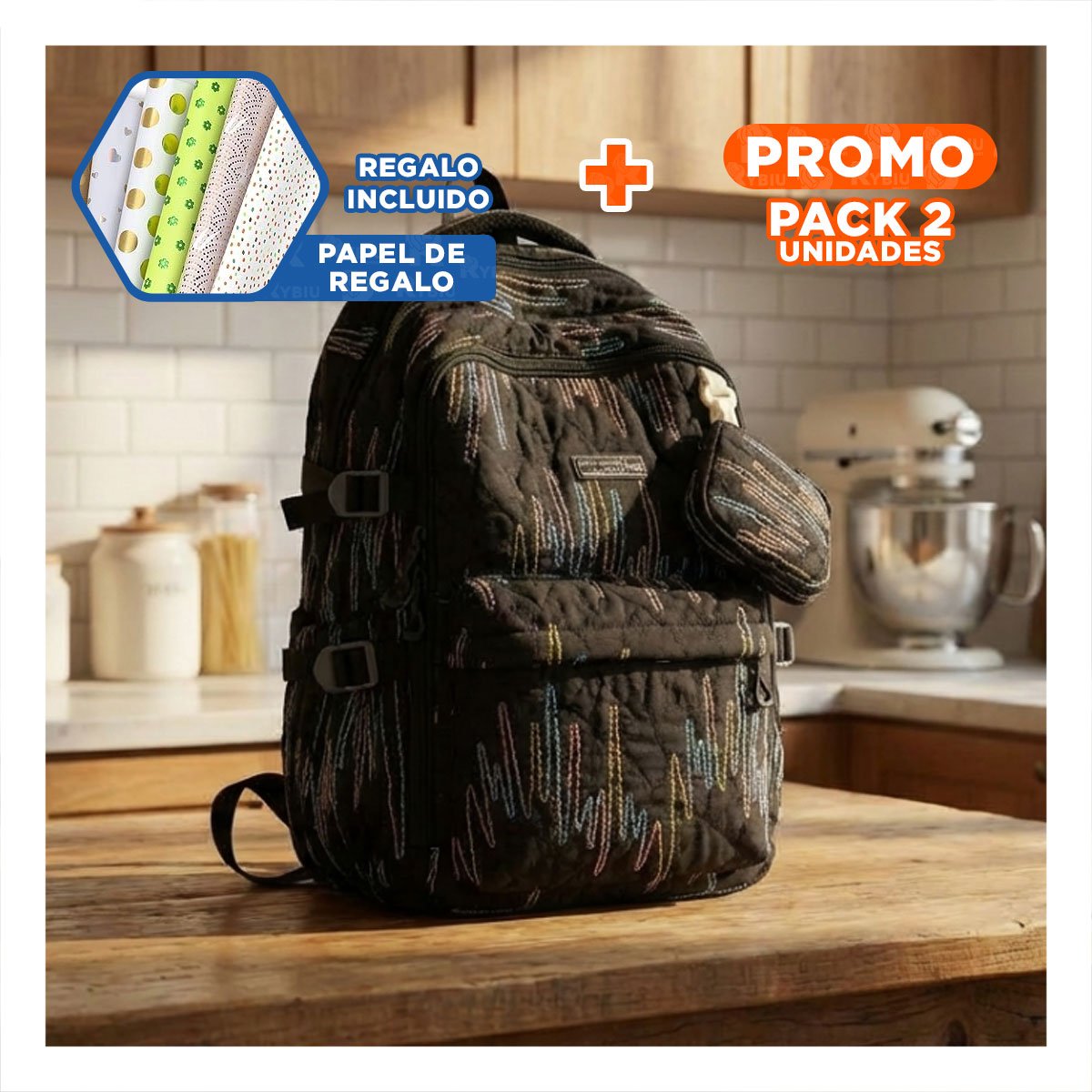 PACK2 MORRAL MODERNO DE RAYAS COLORIDAS EN NEGRO CON DISEÑO PRACTICO Y+PAPEL REGALO - 1