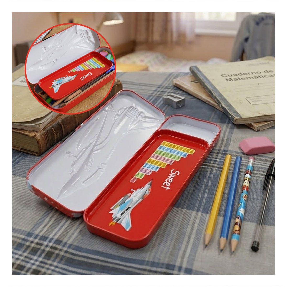 ESTUCHE ESCOLAR ROJO CON COMPARTIMENTOS INTERNOS Y DISEÑO MODERNO Y+POST IT - 2