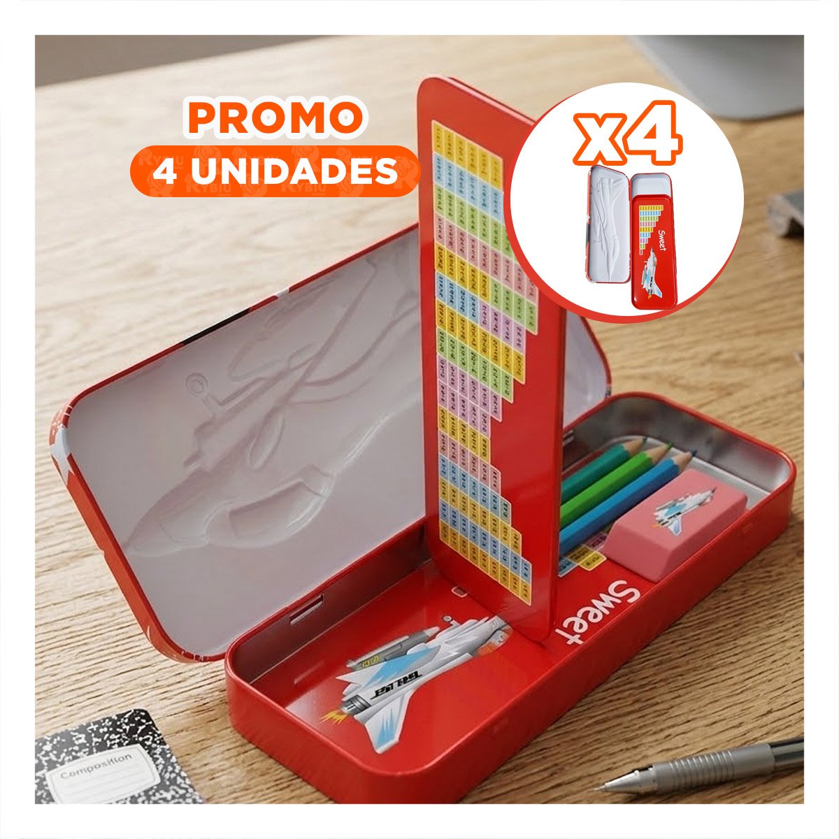 PACK4 CARTUCHERA ESCOLAR ROJA CON SEPARADOR INTERNO Y ESTRUCTURA RESISTENTE - 1