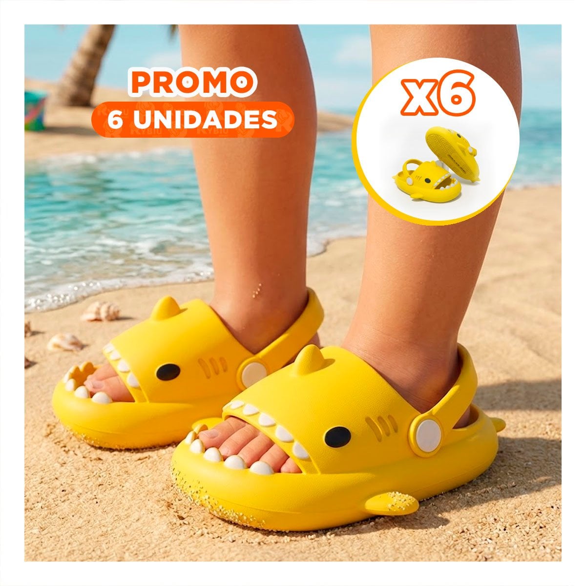 PACK6 CHANCLA CON CORREA DE TIBURON PARA NIÑOS TALLA 25 26 EN COLOR AMARILLO Y+REGALO STICKER - 1