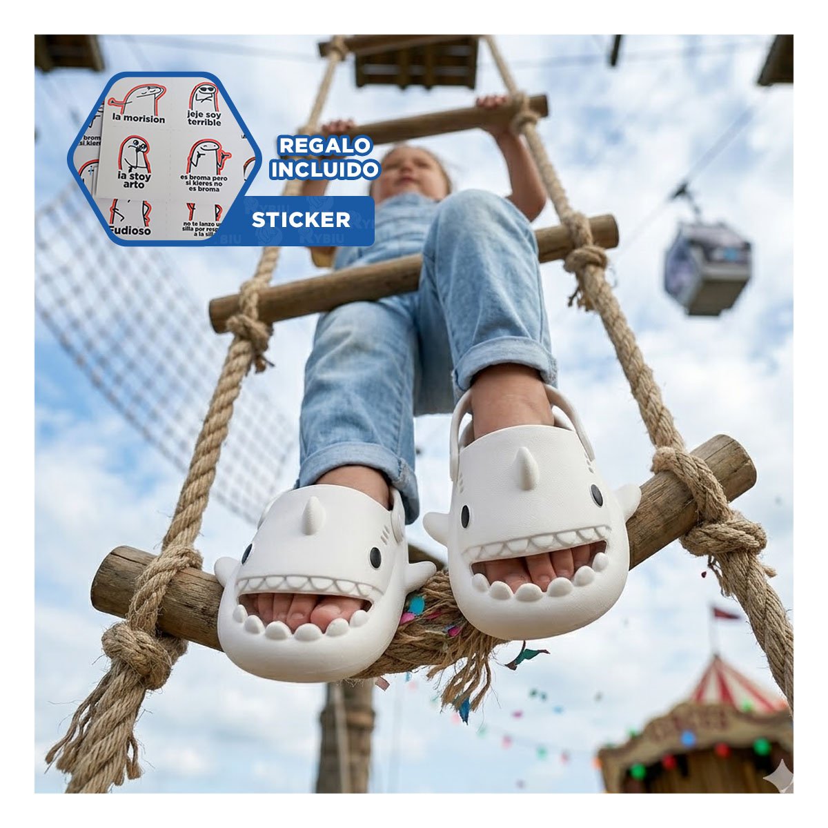 HUARACHE DE VERANO PARA NIÑOS CON CORREA Y TIBURON COLOR BLANCO EN TALLA 29 30 Y+REGALO STICKER - 1
