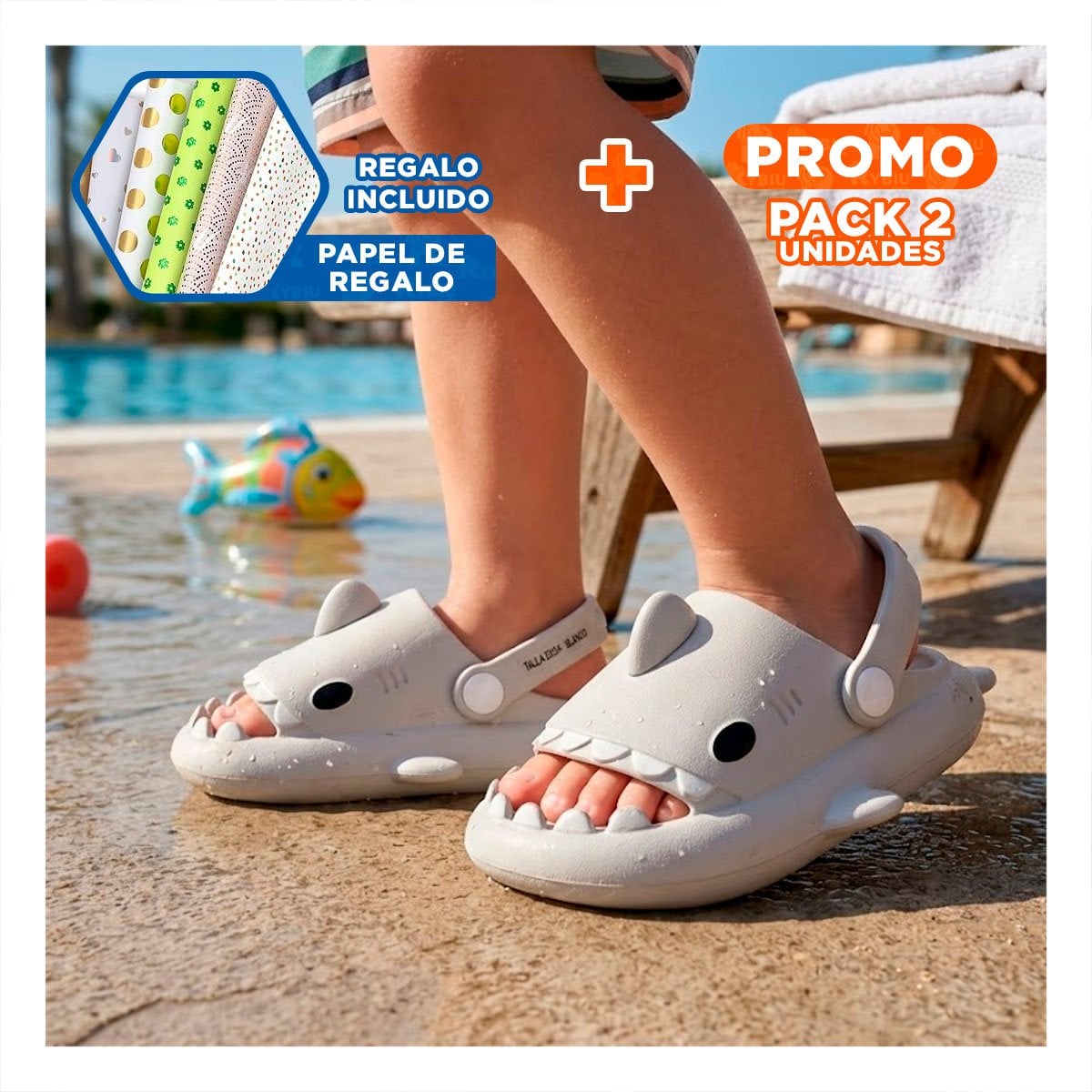 PACK2 OJOTAS PARA NIÑOS DE TIBURON BLANCO CON CORREA TALLA 23 24 VERANO PLAYA Y+PAPEL REGALO - 1