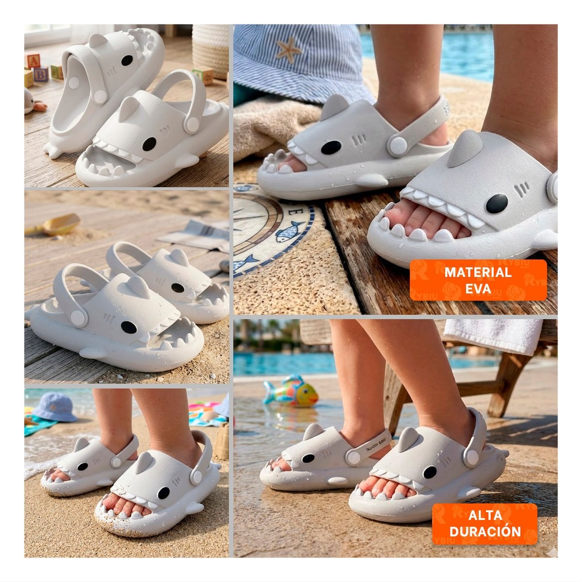PACK2 OJOTAS PARA NIÑOS DE TIBURON BLANCO CON CORREA TALLA 23 24 VERANO PLAYA Y+PAPEL REGALO - 3