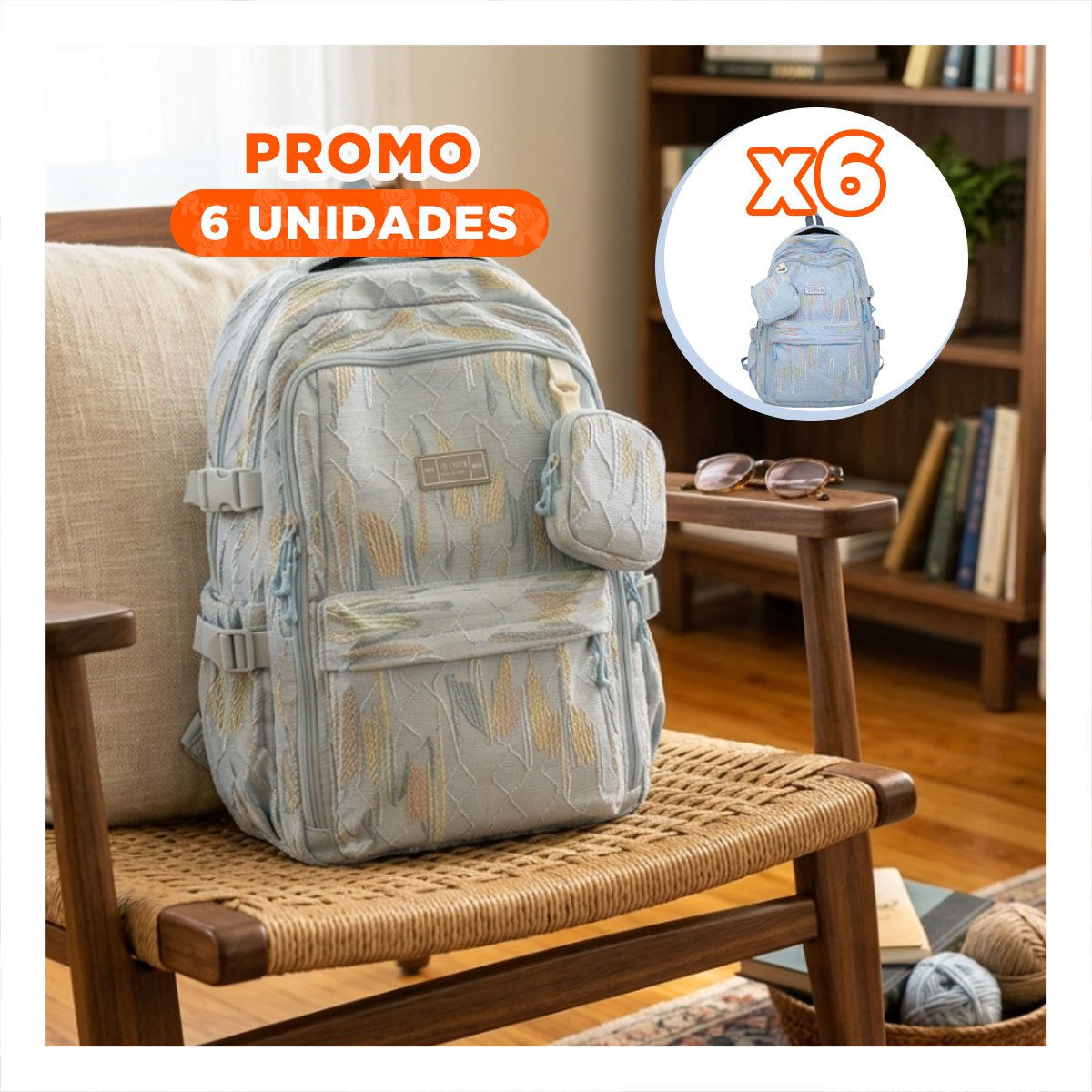 PACK6 BOLSO ESCOLAR DE RAYAS COLORIDAS EN CELESTE CON DISEÑO FUNCIONAL Y+REGALO STICKER - 1