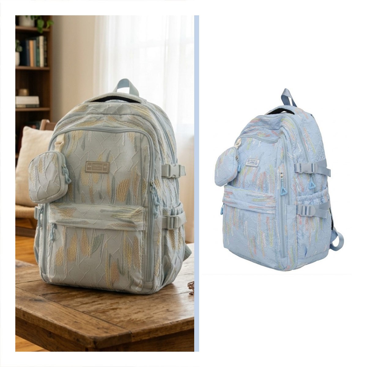 PACK6 BOLSO ESCOLAR DE RAYAS COLORIDAS EN CELESTE CON DISEÑO FUNCIONAL Y+REGALO STICKER - 2