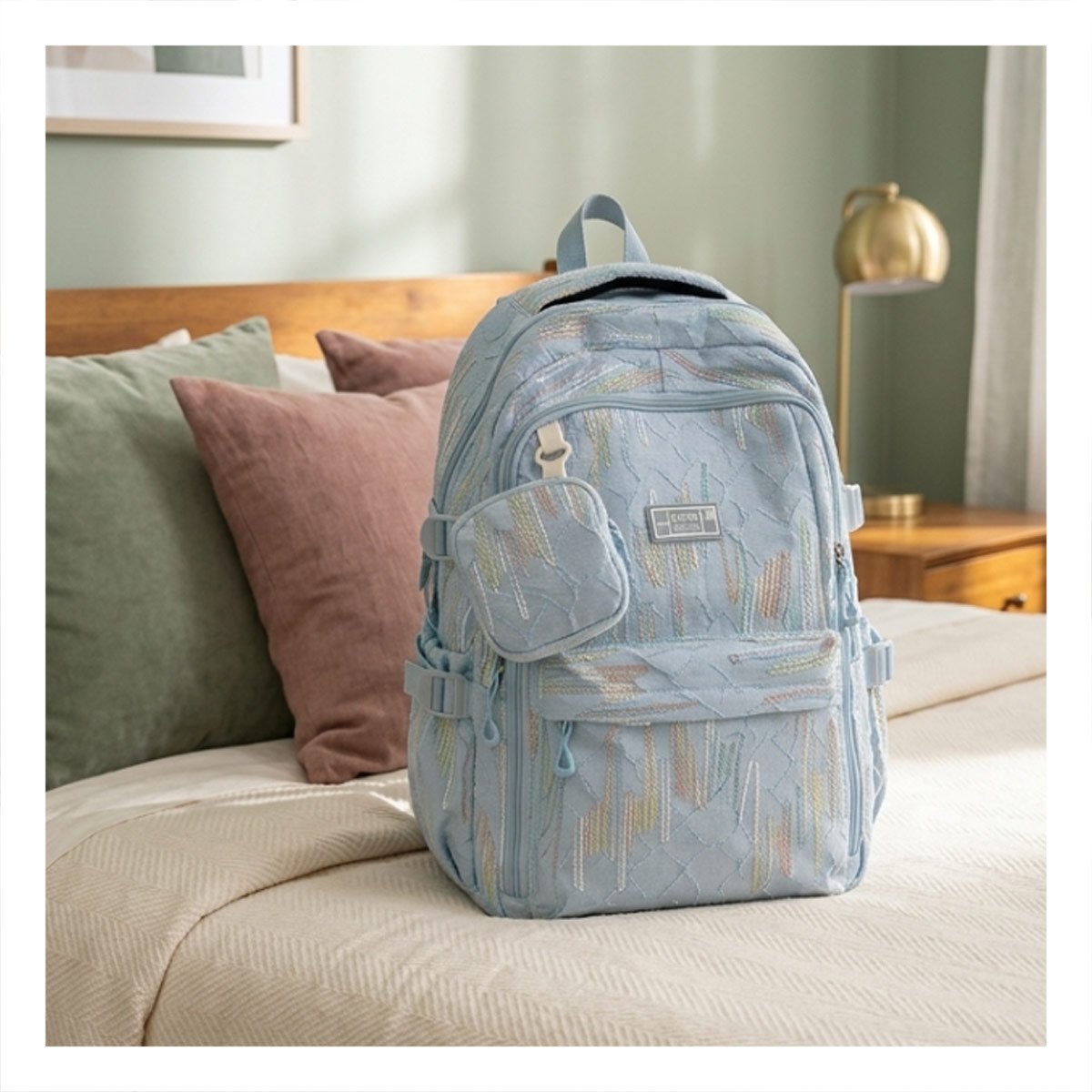 PACK6 BOLSO ESCOLAR DE RAYAS COLORIDAS EN CELESTE CON DISEÑO FUNCIONAL Y+REGALO STICKER - 3