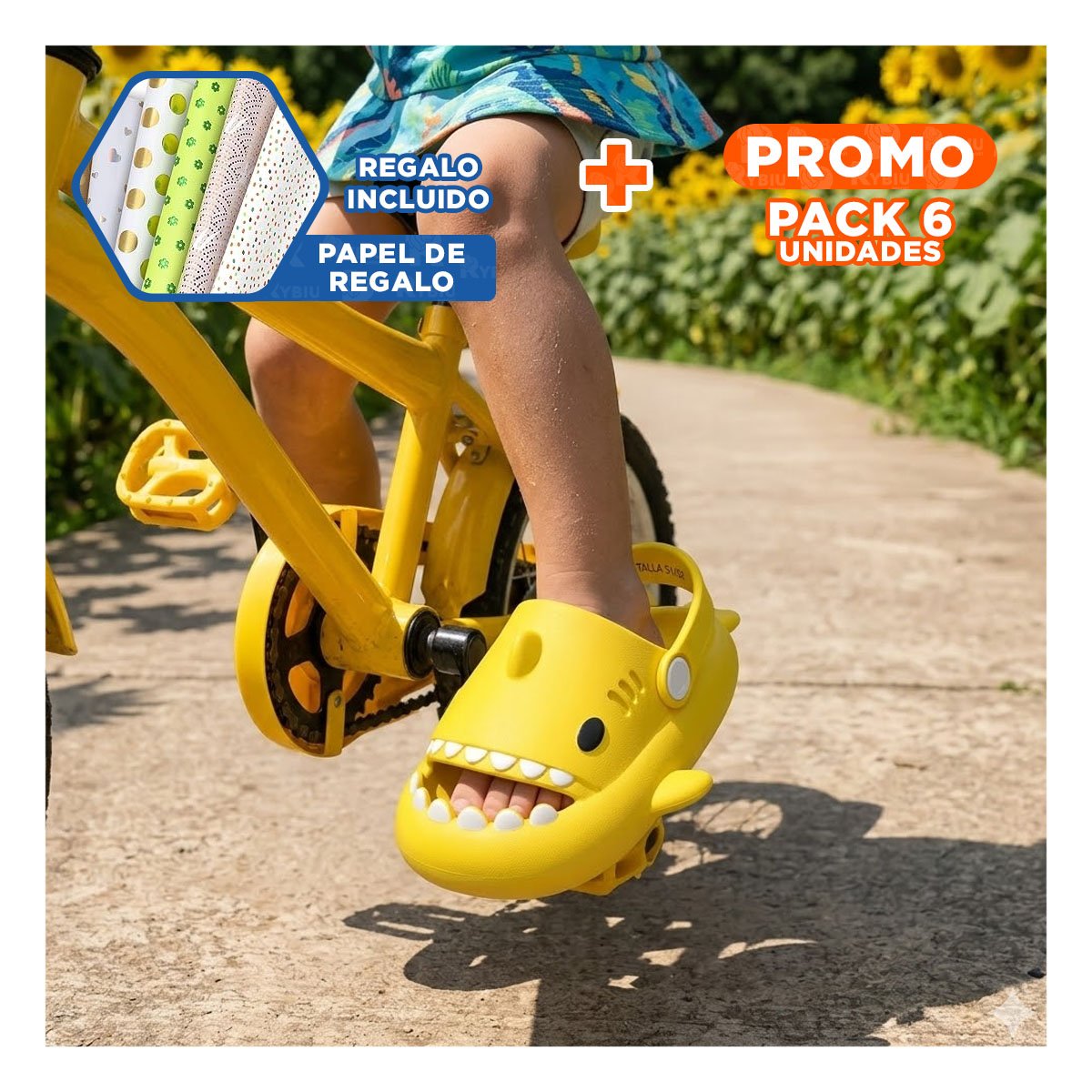 PACK6 OJOTA PARA NINOS DE GOMA CON CORREA TIBURON COLOR AMARILLO TALLA 31 Y 32 Y+PAPEL REGALO - 1